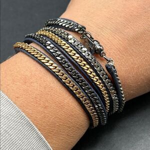 Vita Fede Multicolor Chain‎ Navy Leather Wrap Bracelet